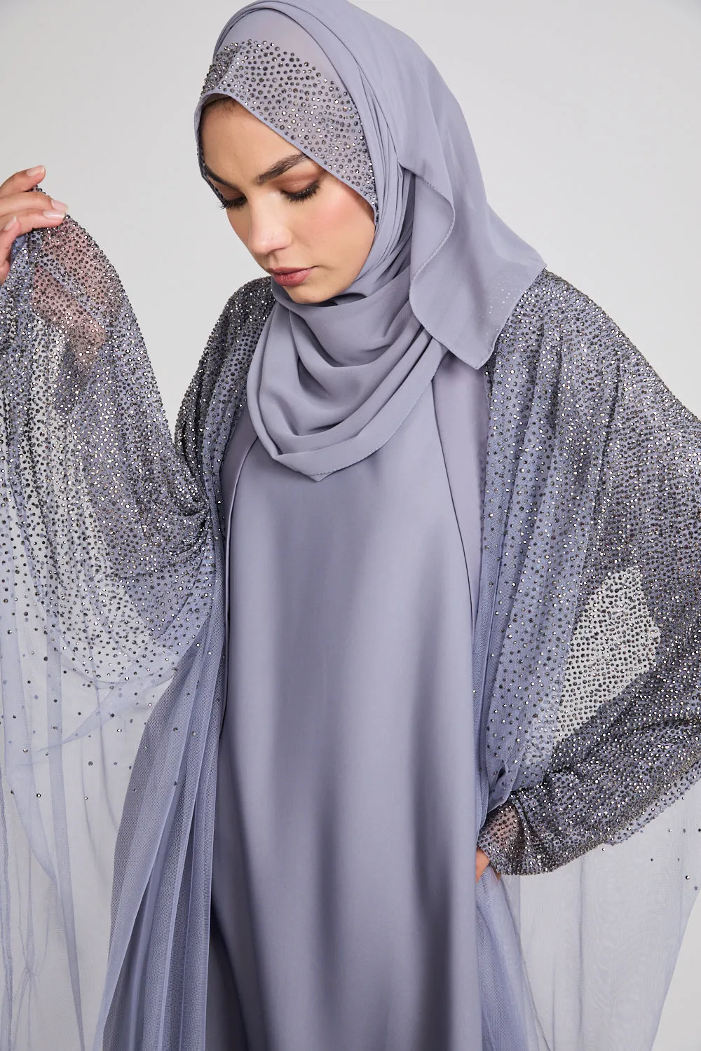 Luxury Three Piece Celestial Stardust Open Abaya Set - Moonlight Grey