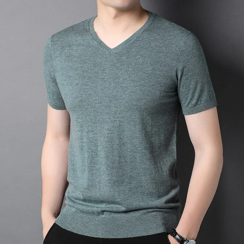 Luxury V-Neck Wool T-Shirt for Men