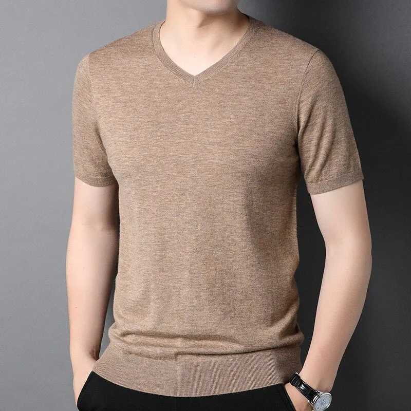 Luxury V-Neck Wool T-Shirt for Men