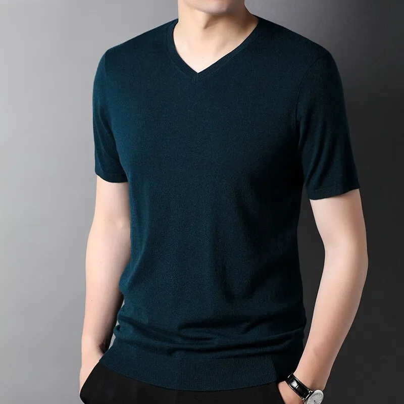 Luxury V-Neck Wool T-Shirt for Men