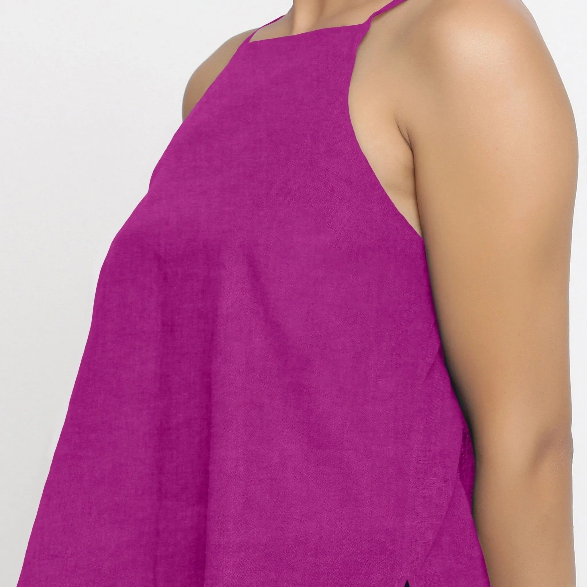 Magenta Cotton Linen Relaxed Fit Spaghetti Top