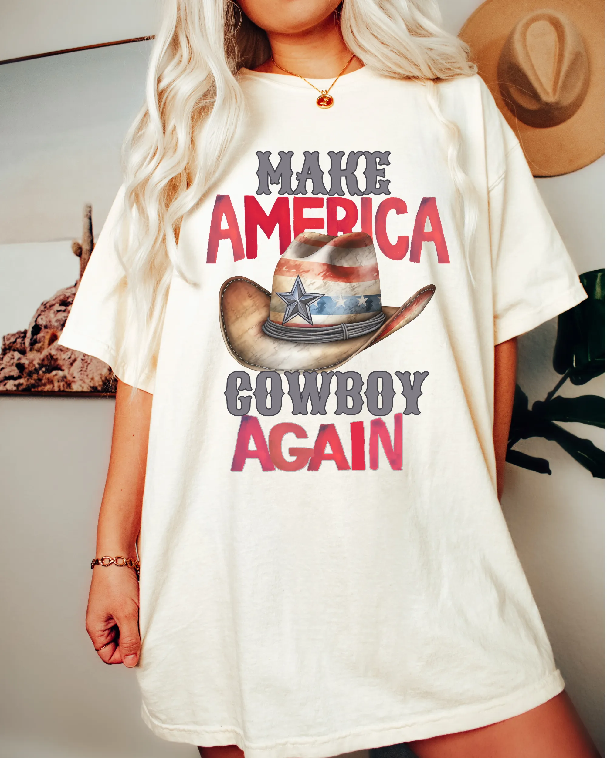 Make America Cowboy Again Comfort Colors® T-Shirt, T-Shirt Dress, Watercolor Cowboy Hat Retro Design T-Shirt