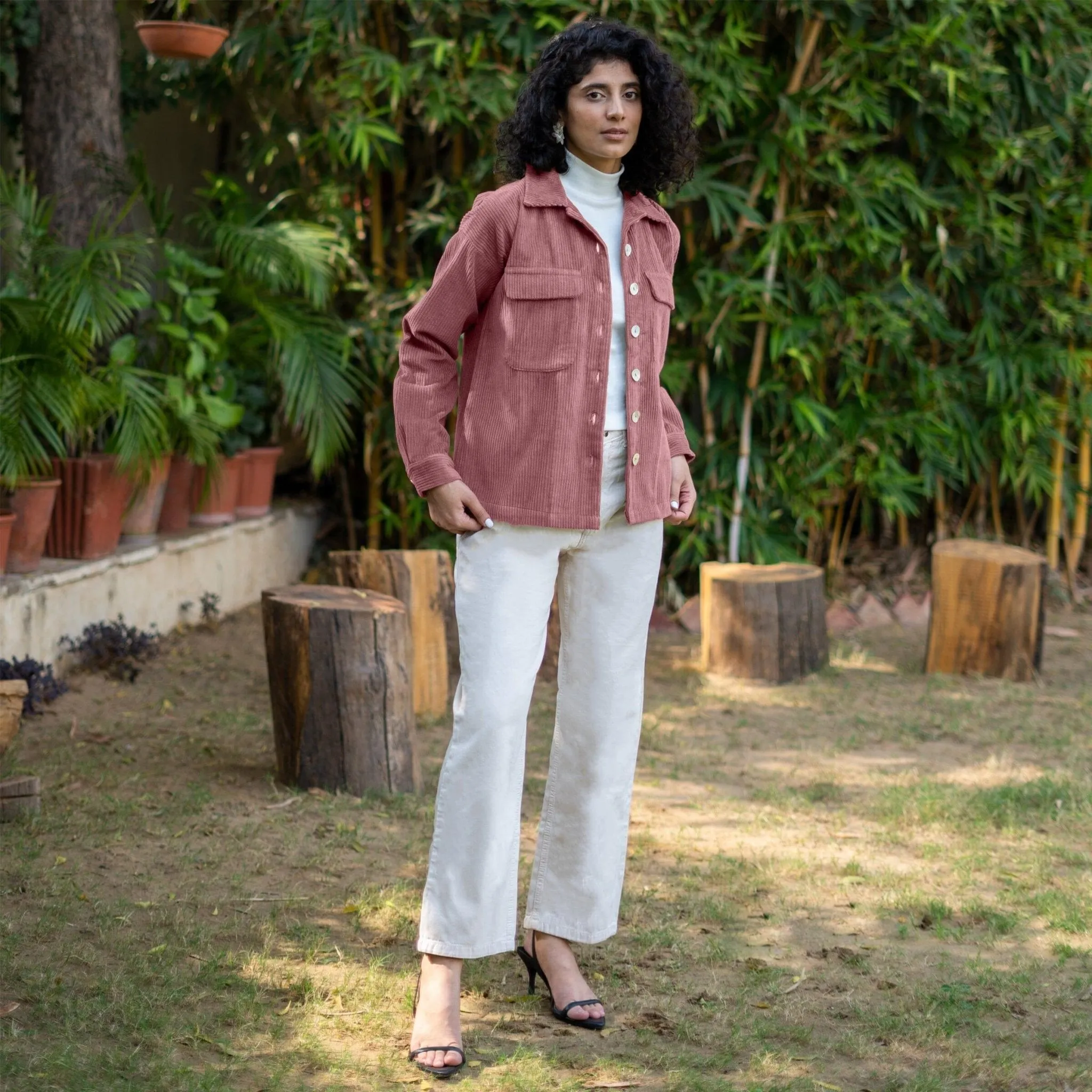 Mauve Pink Warm Cotton Corduroy Patch Pocket Button-Down Shacket