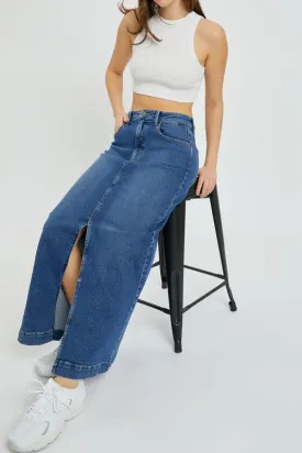 Mid Rise Denim Maxi Skirt