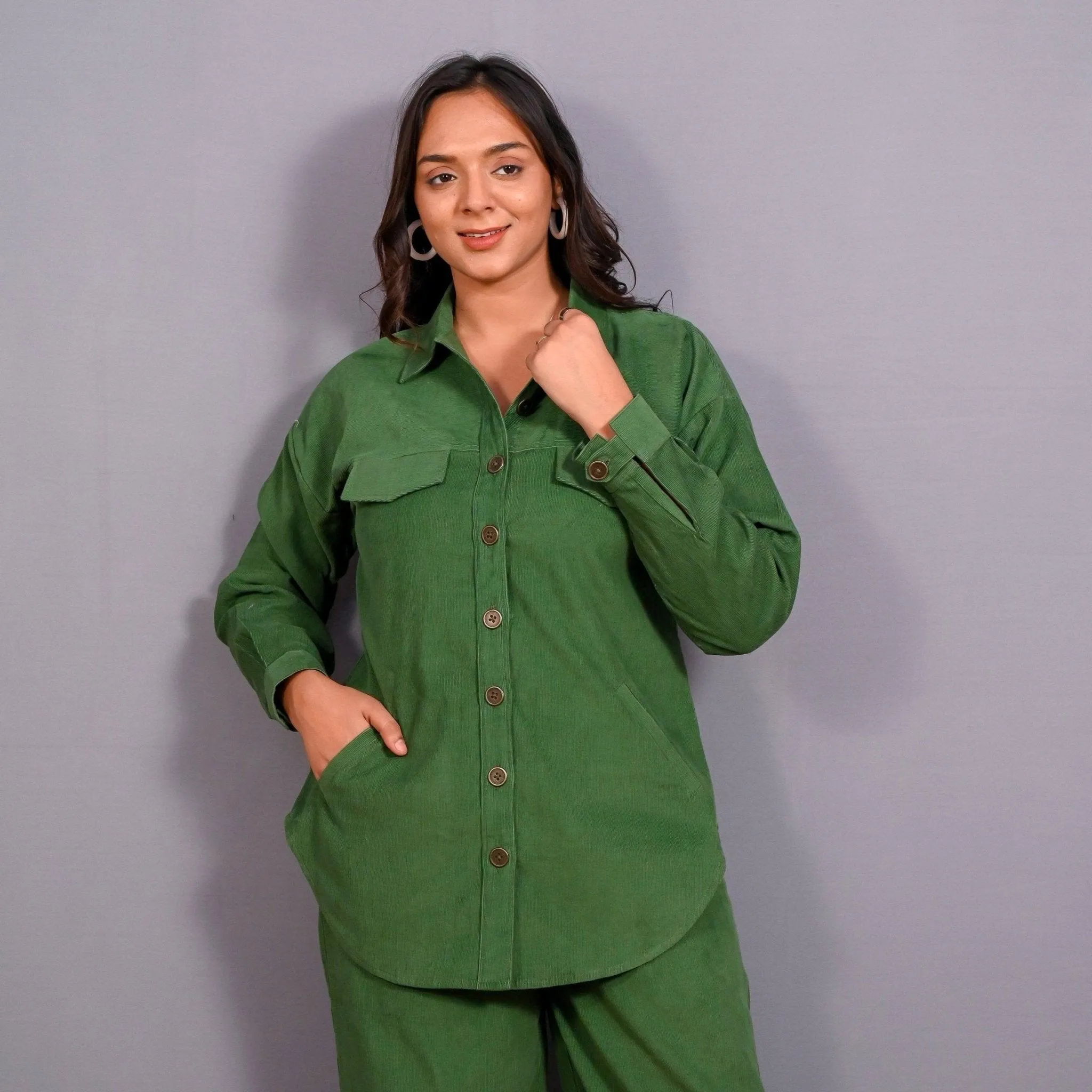 Moss Green Warm Cotton Corduroy Button-Down Shacket