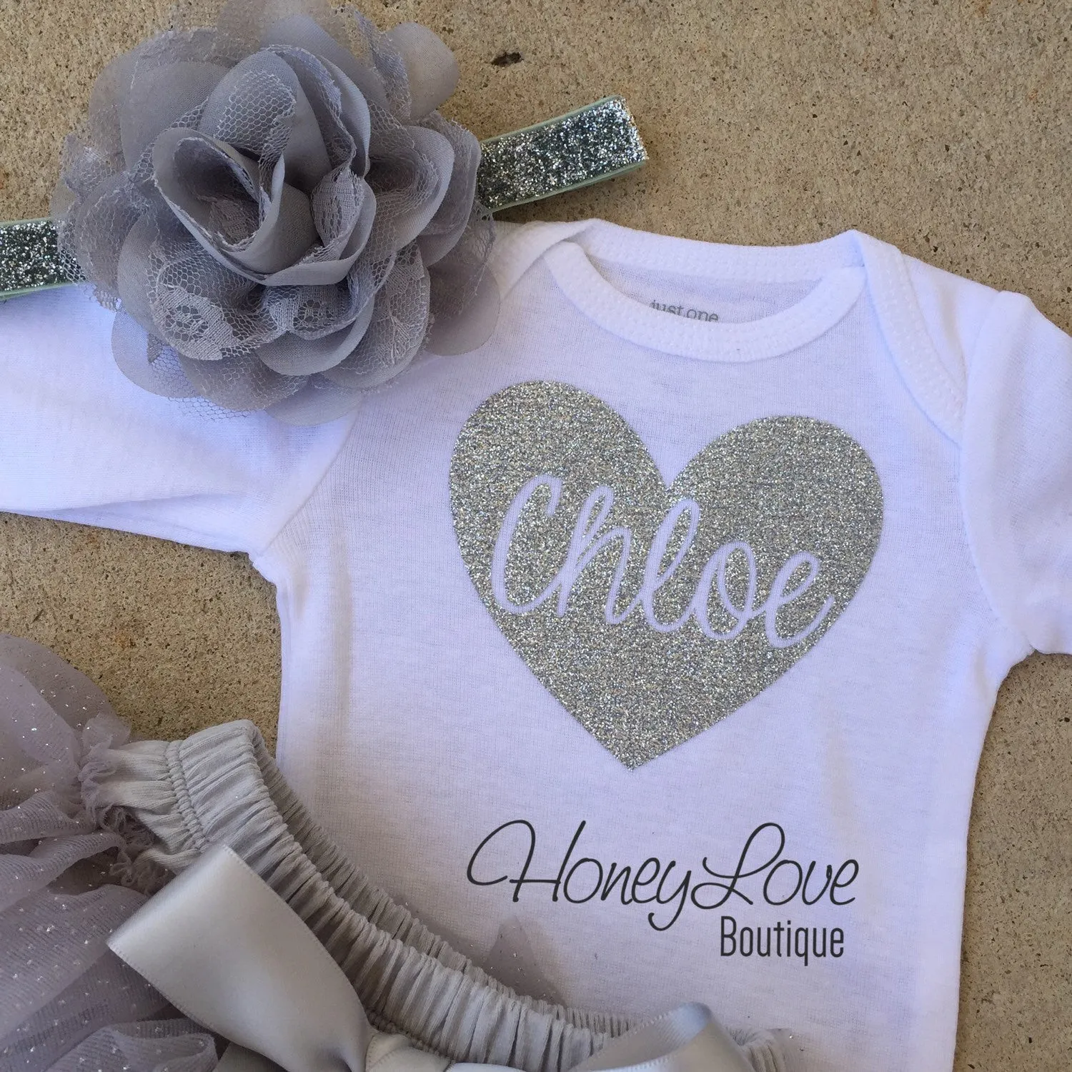 Personalized Name inside Heart - Gray and Silver Glitter