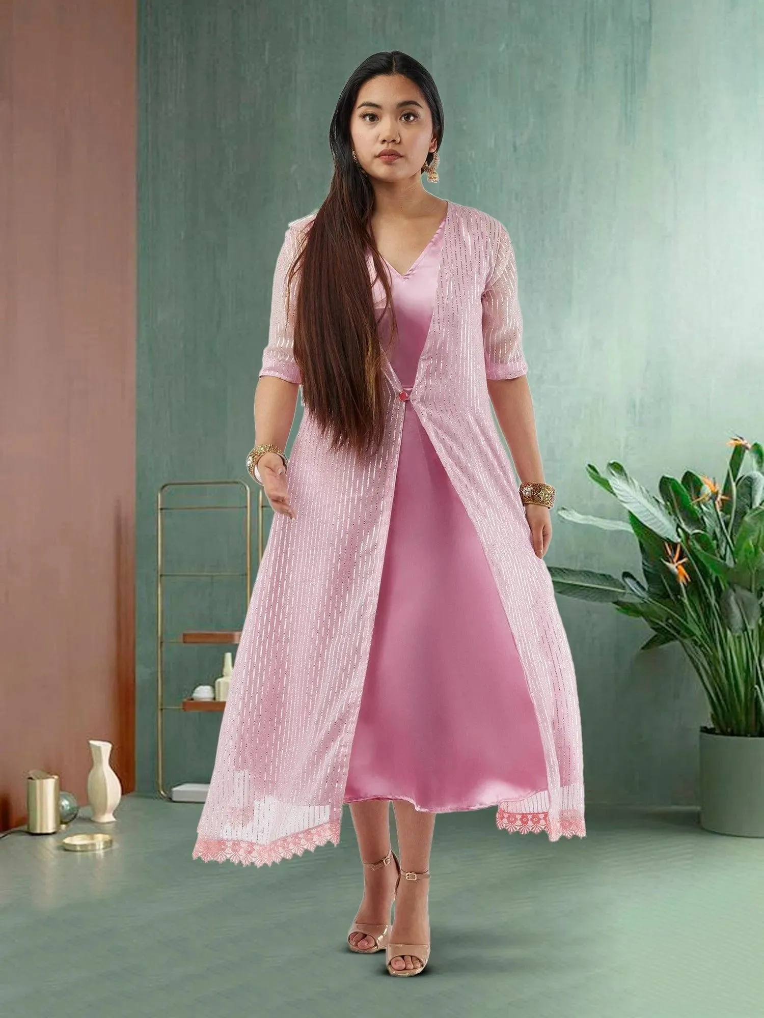 Pink and Silver Two Piece Layered Ankle Length Dress | Indo Western Dress