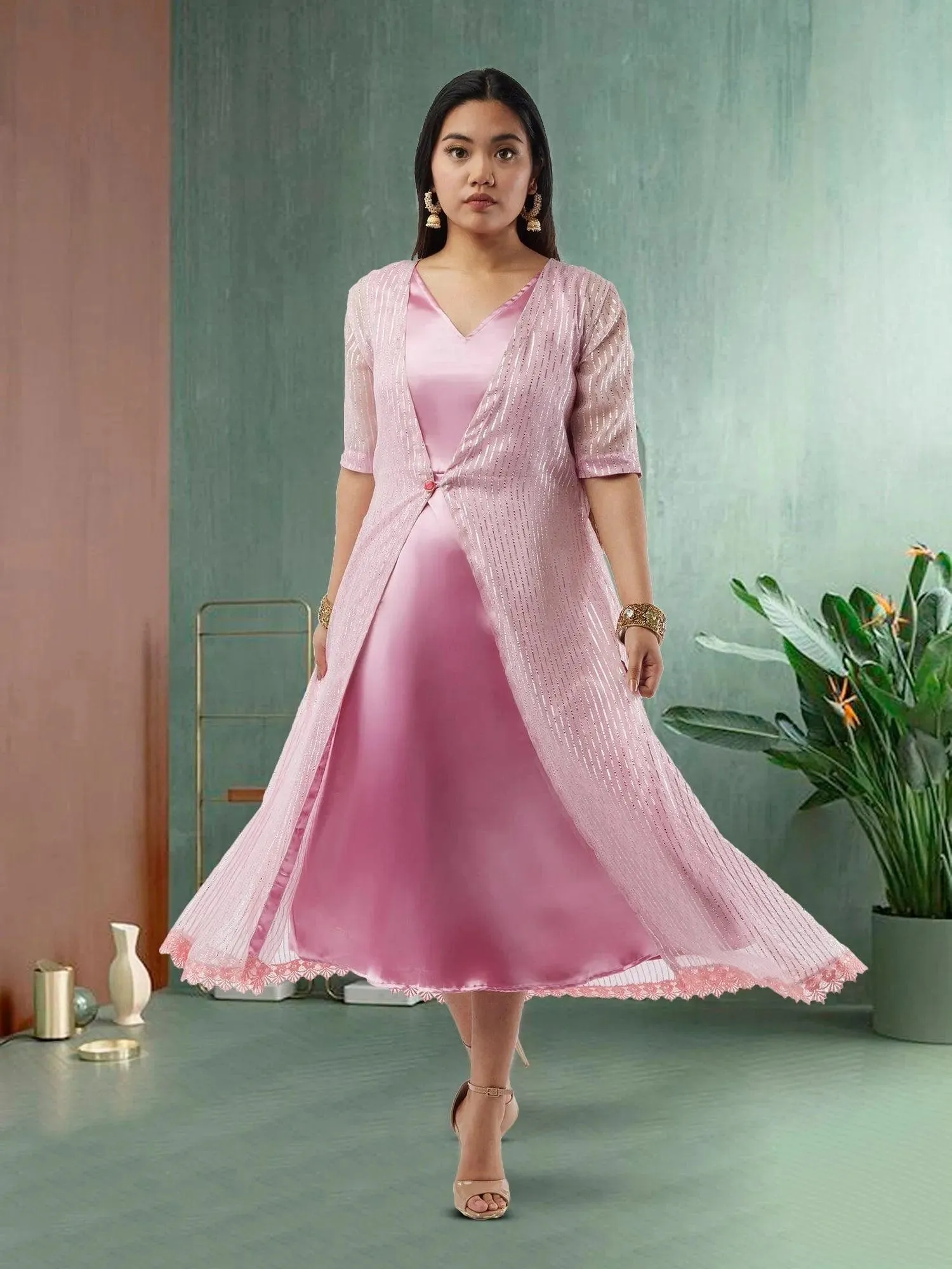 Pink and Silver Two Piece Layered Ankle Length Dress | Indo Western Dress