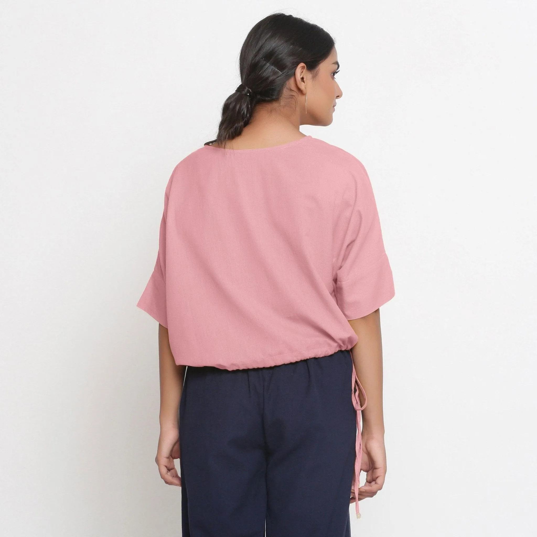 Pink Cotton Flax Round Neck Loose Fit Blouson Top