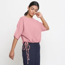 Pink Cotton Flax Round Neck Loose Fit Blouson Top