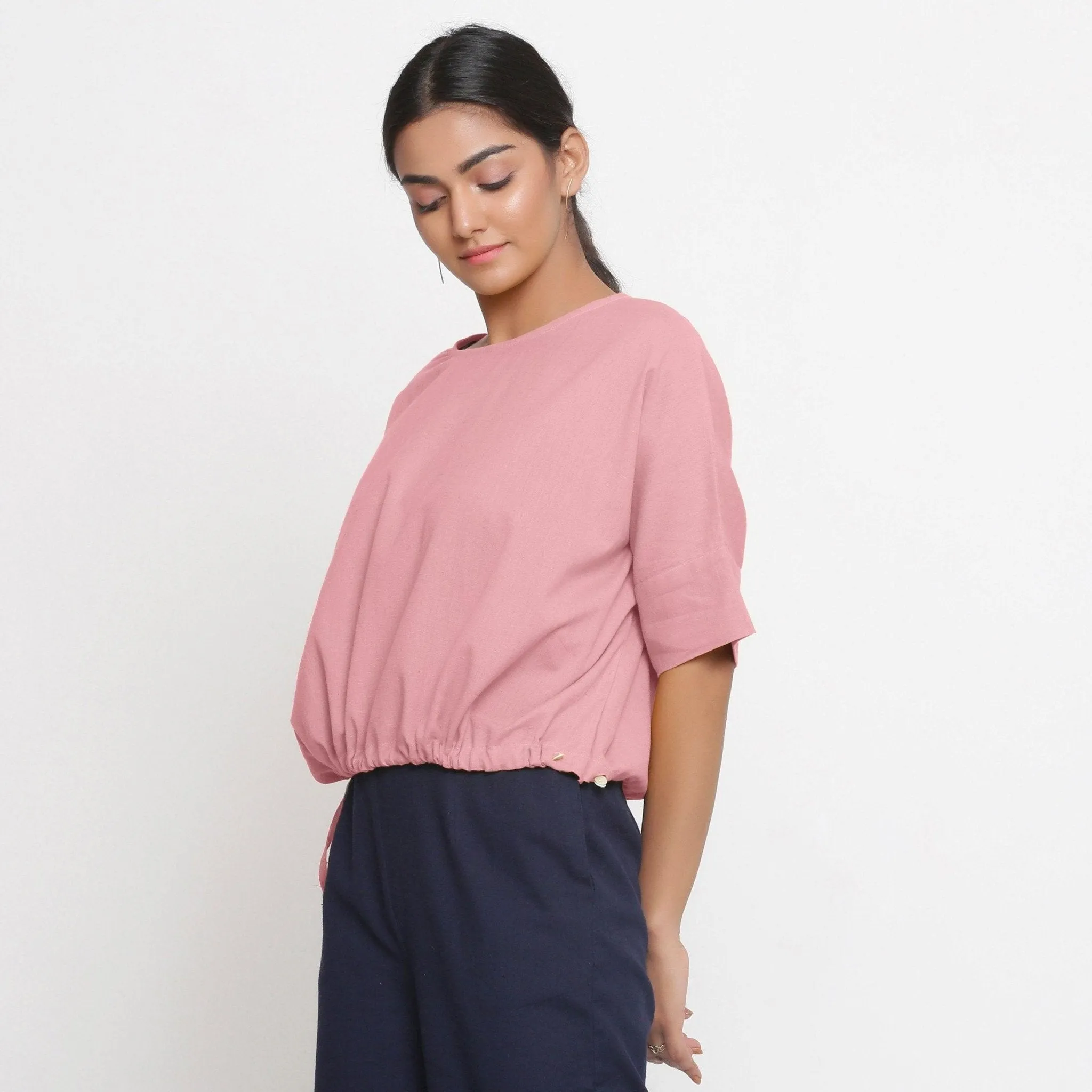 Pink Cotton Flax Round Neck Loose Fit Blouson Top