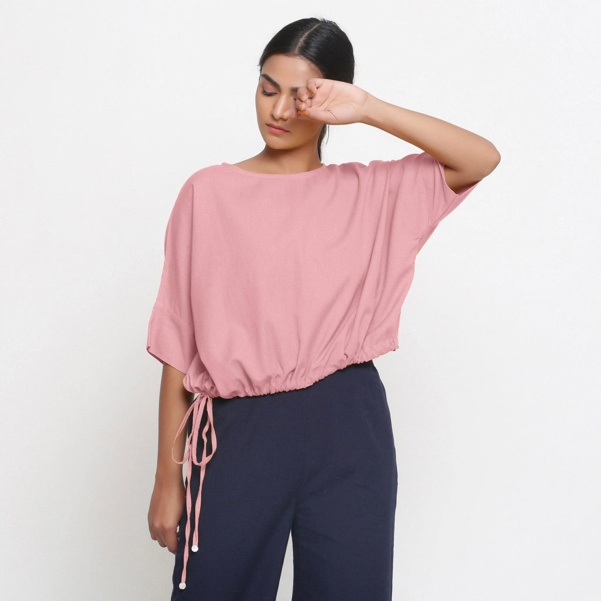 Pink Cotton Flax Round Neck Loose Fit Blouson Top