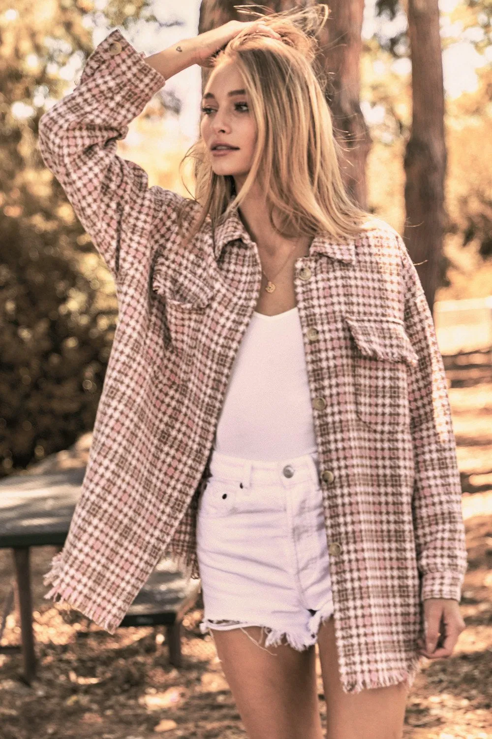 Plaid long sleeve jacket (shacket) with front pocket