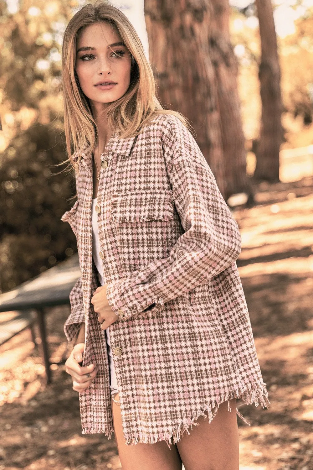 Plaid long sleeve jacket (shacket) with front pocket