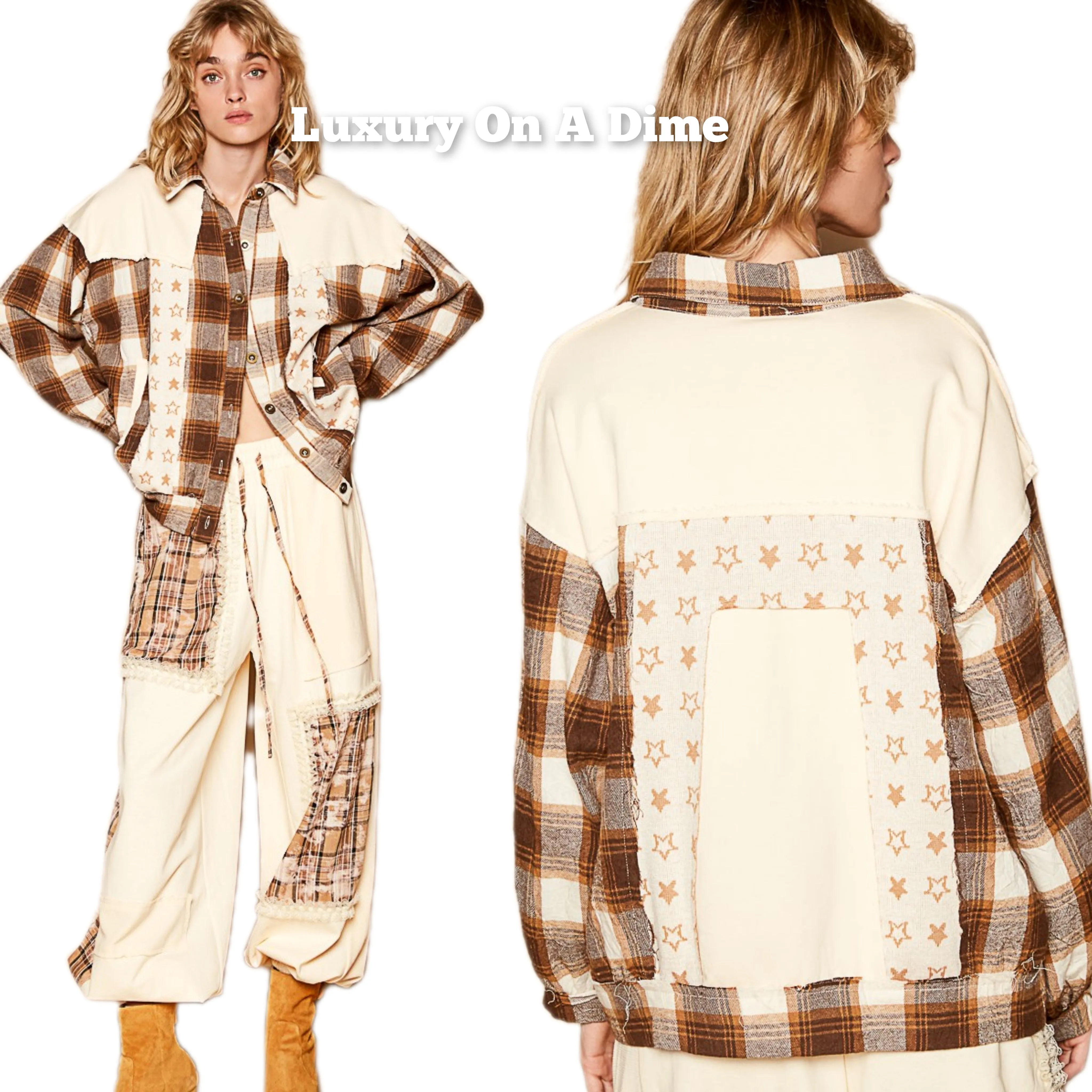 POL Shacket Star Plaid Bohemian Patchwork Exposed Raw Frayed Seam Oversized Jacket