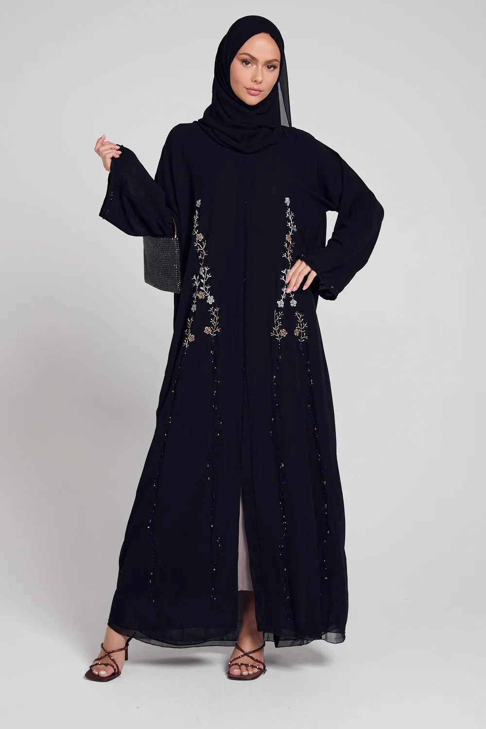 Premium Black Floral Petal Embellished Chiffon Open Abaya