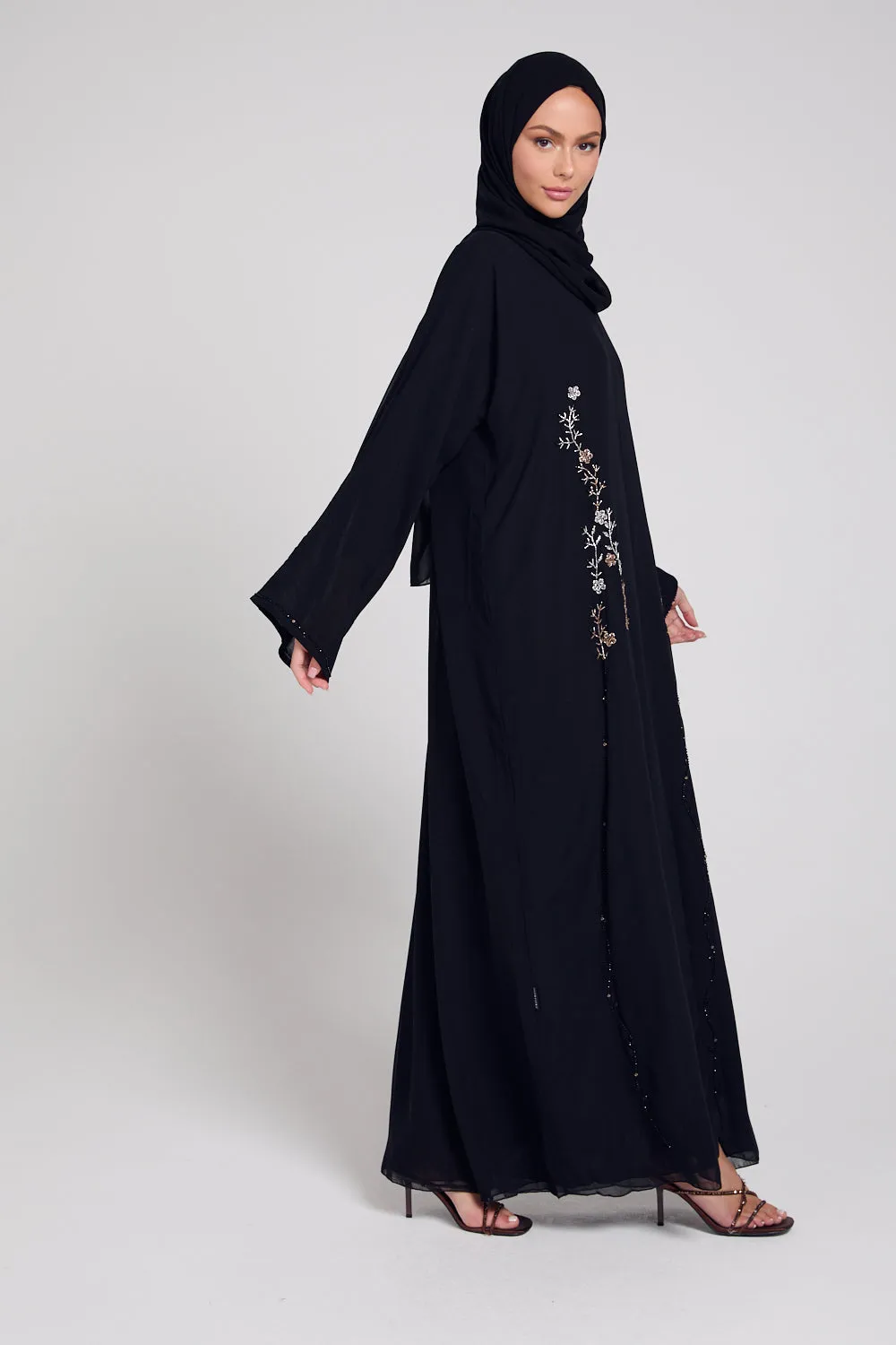 Premium Black Floral Petal Embellished Chiffon Open Abaya