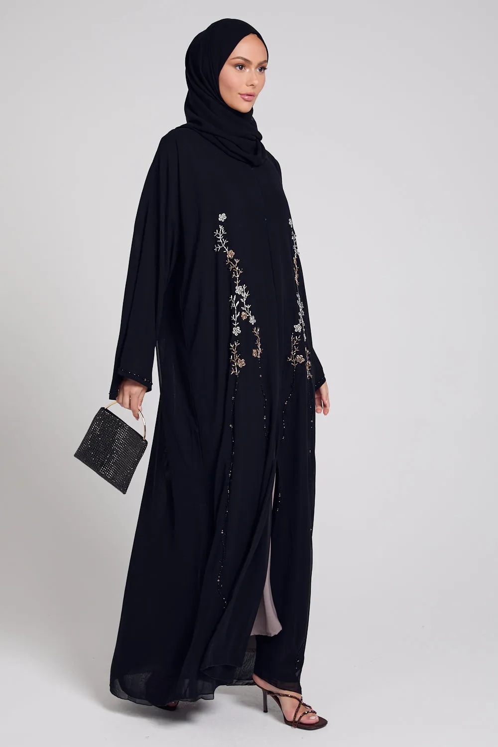 Premium Black Floral Petal Embellished Chiffon Open Abaya