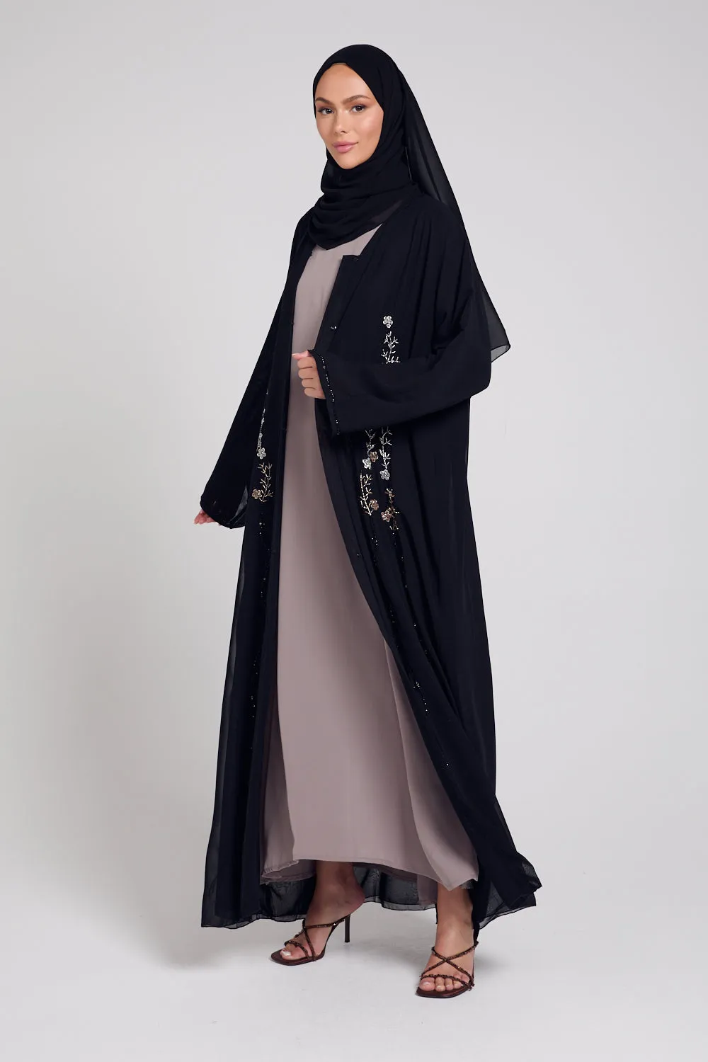 Premium Black Floral Petal Embellished Chiffon Open Abaya