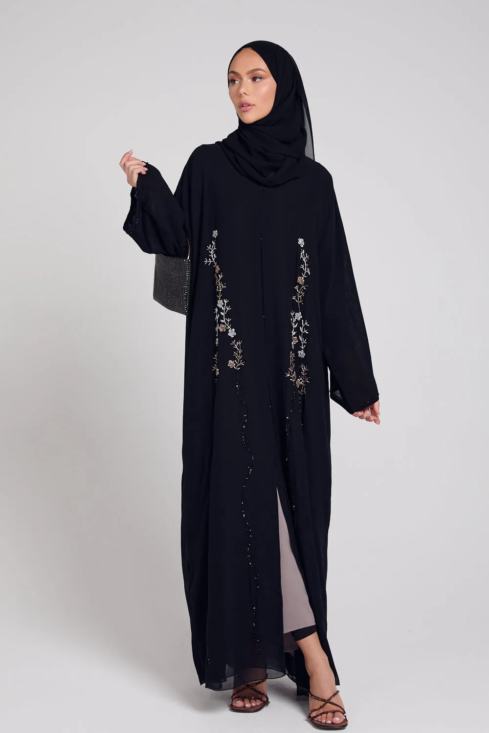 Premium Black Floral Petal Embellished Chiffon Open Abaya