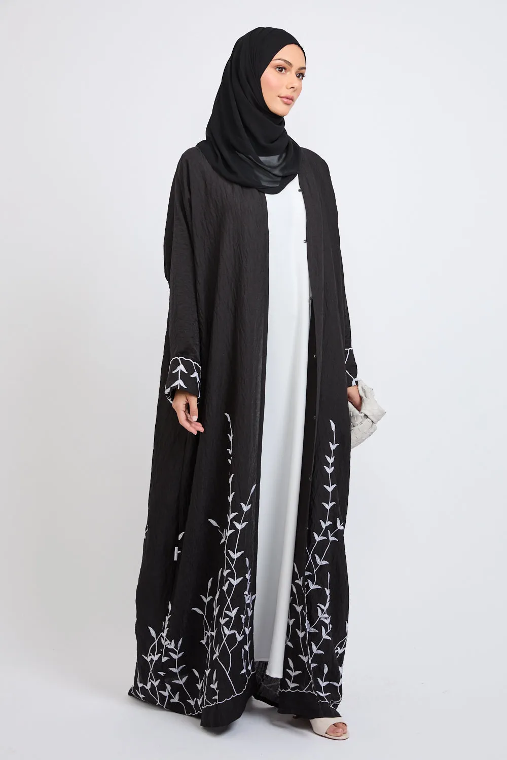 Premium Dahlia Embroidered Open Abaya - Black