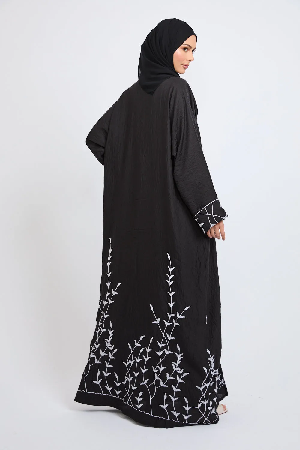 Premium Dahlia Embroidered Open Abaya - Black