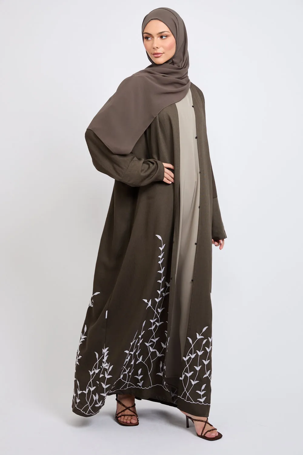 Premium Dahlia Embroidered Open Abaya - Vintage Khaki