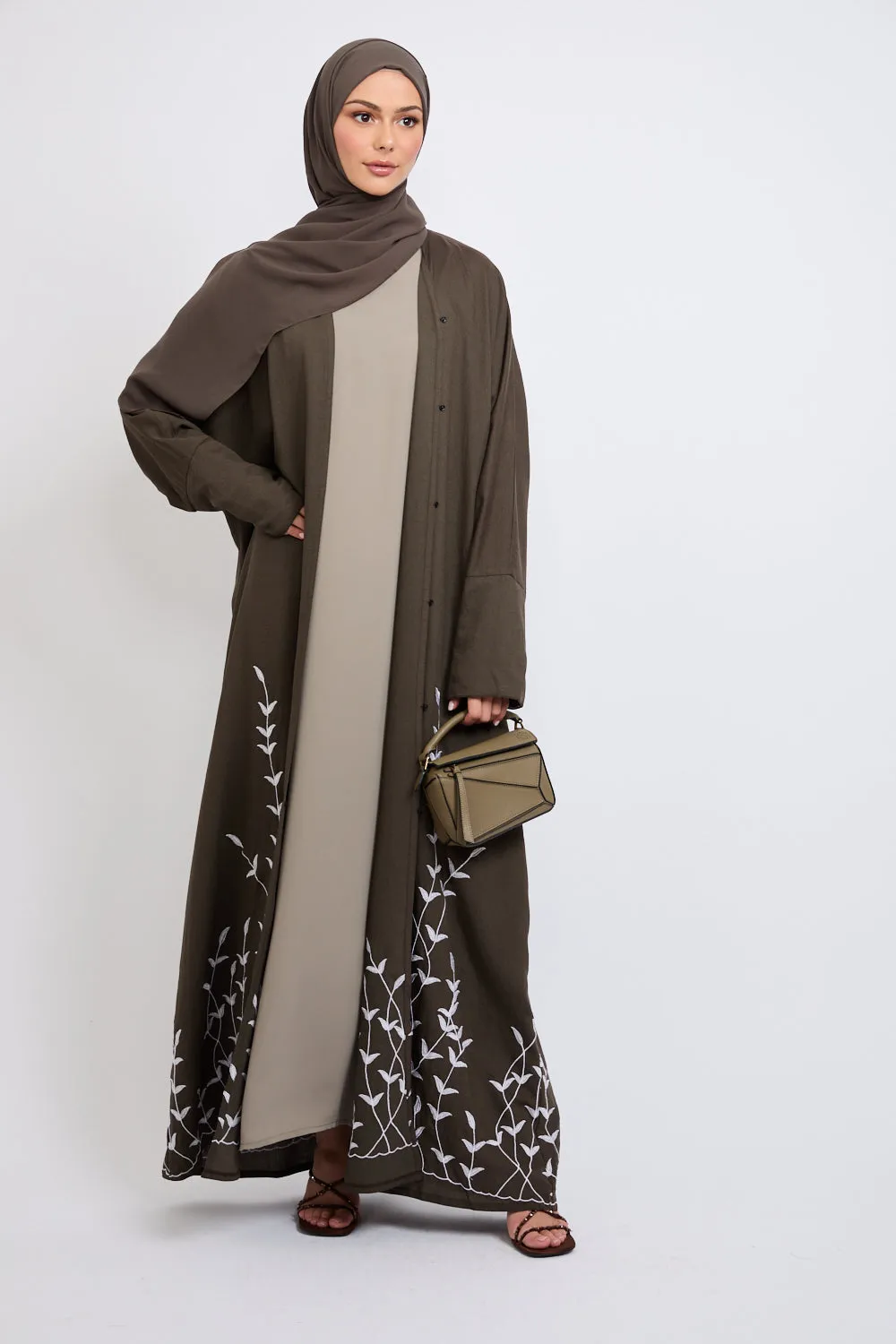 Premium Dahlia Embroidered Open Abaya - Vintage Khaki