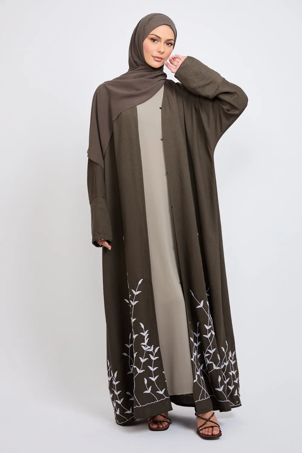 Premium Dahlia Embroidered Open Abaya - Vintage Khaki