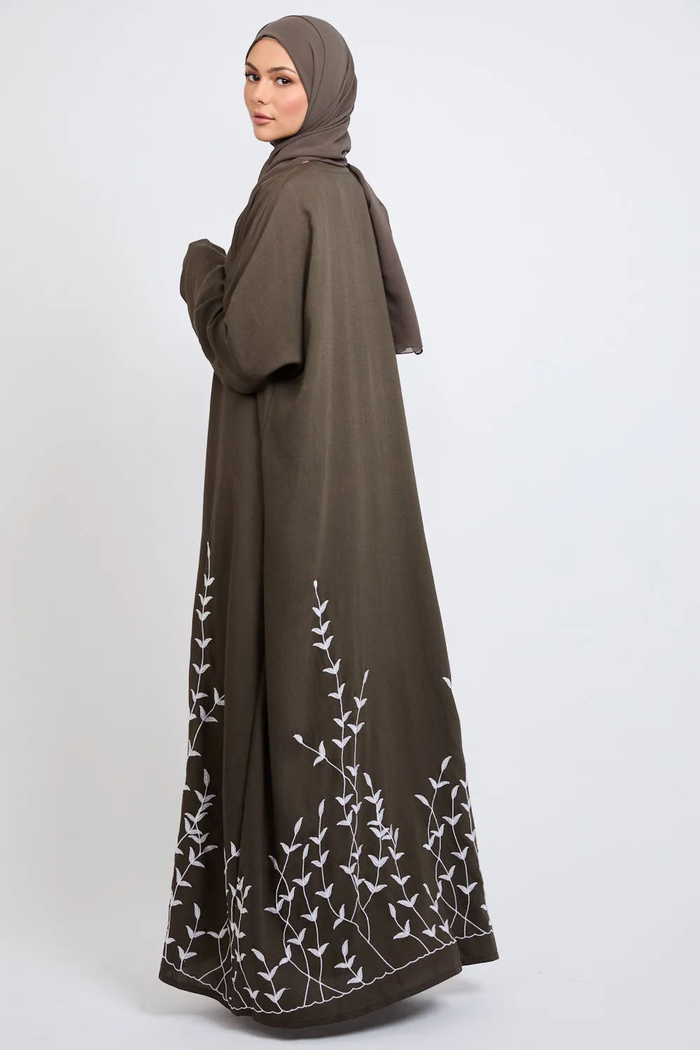 Premium Dahlia Embroidered Open Abaya - Vintage Khaki