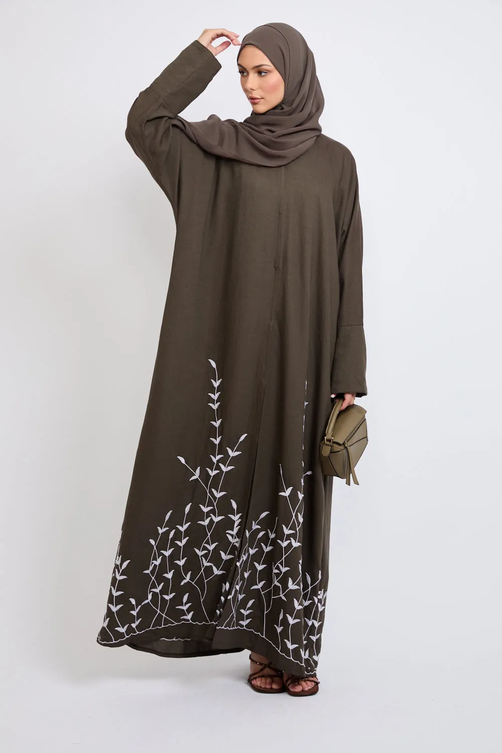 Premium Dahlia Embroidered Open Abaya - Vintage Khaki