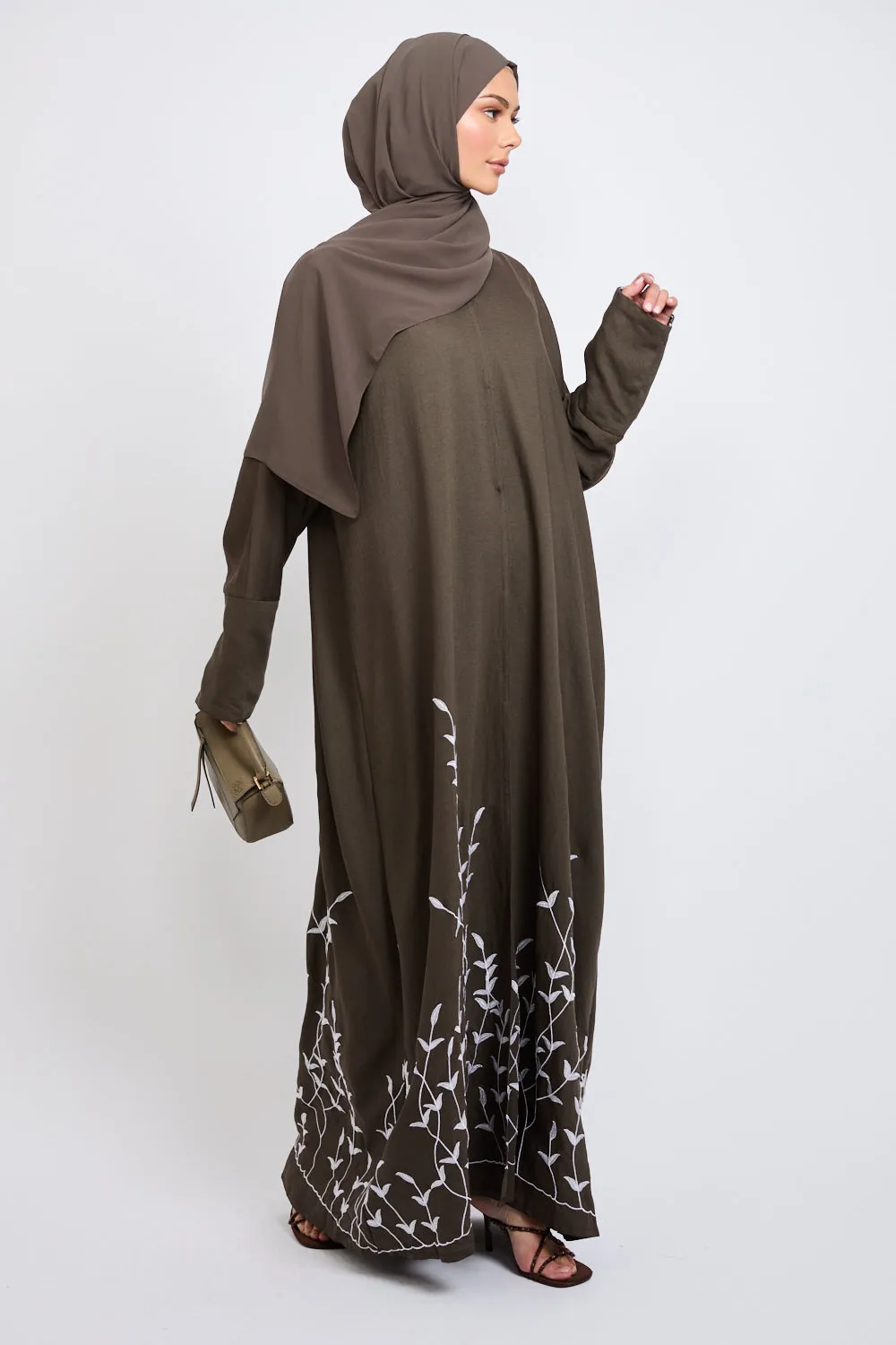 Premium Dahlia Embroidered Open Abaya - Vintage Khaki