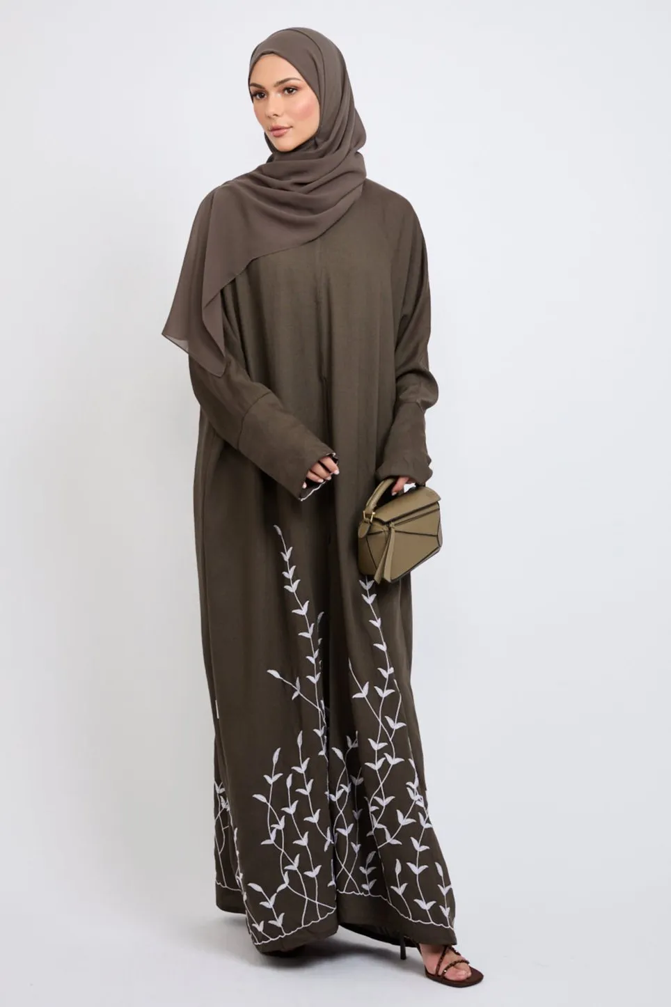 Premium Dahlia Embroidered Open Abaya - Vintage Khaki