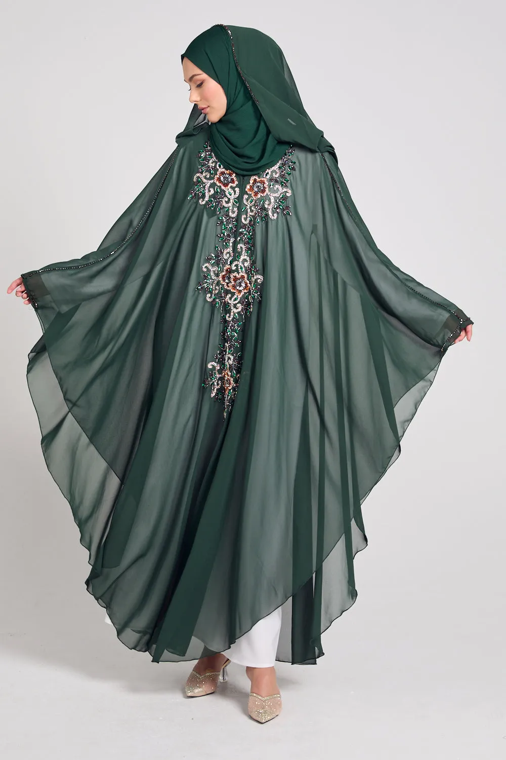 Premium Embellished Chiffon Open Farasha with Hood - Forest Green