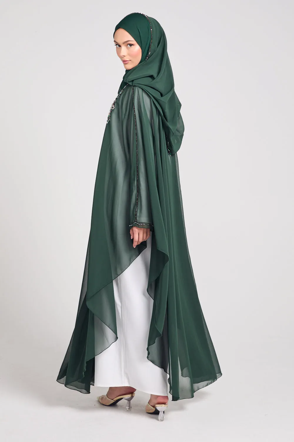 Premium Embellished Chiffon Open Farasha with Hood - Forest Green