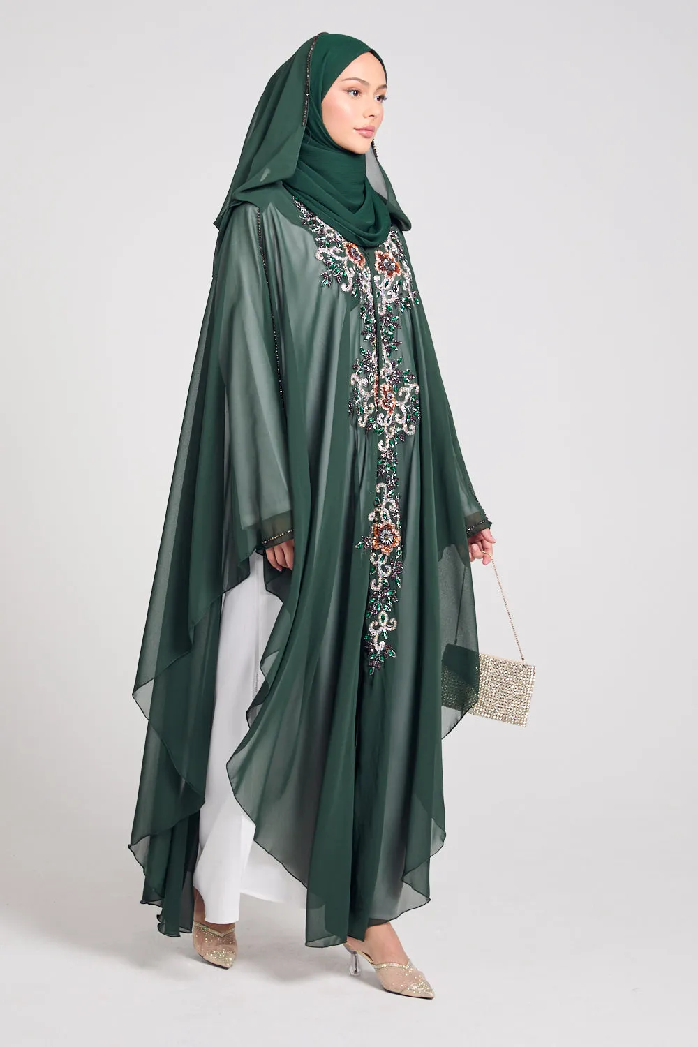 Premium Embellished Chiffon Open Farasha with Hood - Forest Green