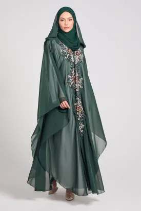 Premium Embellished Chiffon Open Farasha with Hood - Forest Green