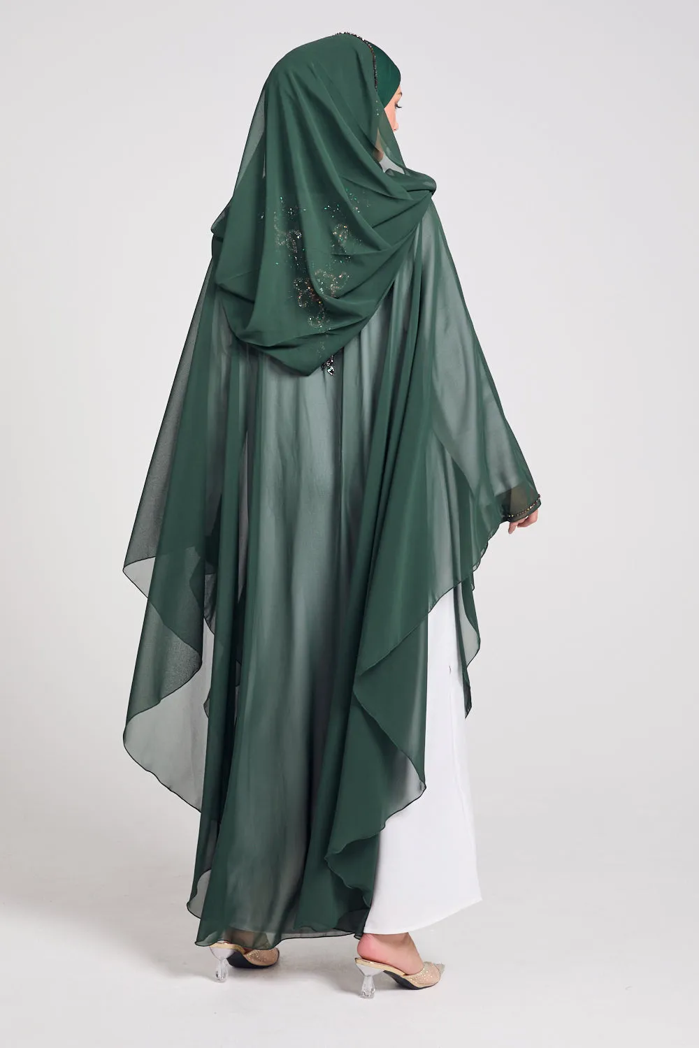 Premium Embellished Chiffon Open Farasha with Hood - Forest Green