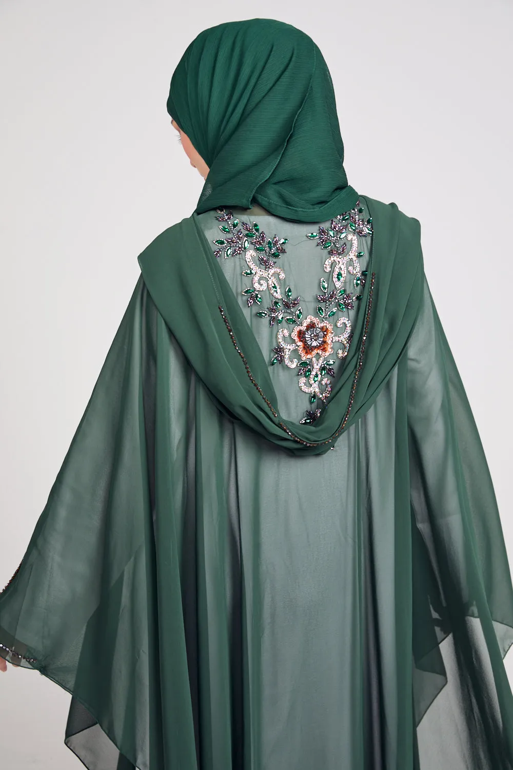 Premium Embellished Chiffon Open Farasha with Hood - Forest Green