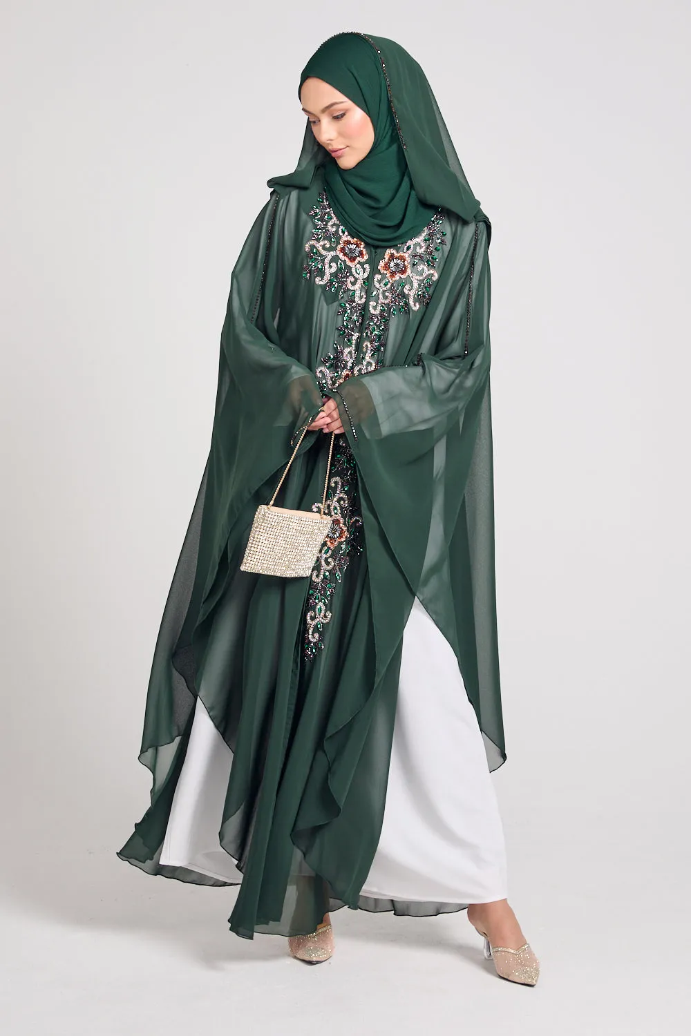 Premium Embellished Chiffon Open Farasha with Hood - Forest Green