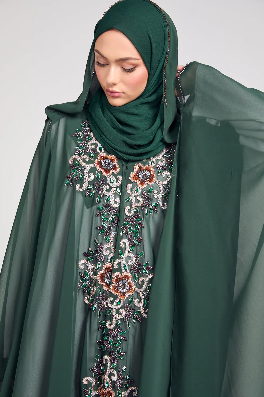 Premium Embellished Chiffon Open Farasha with Hood - Forest Green