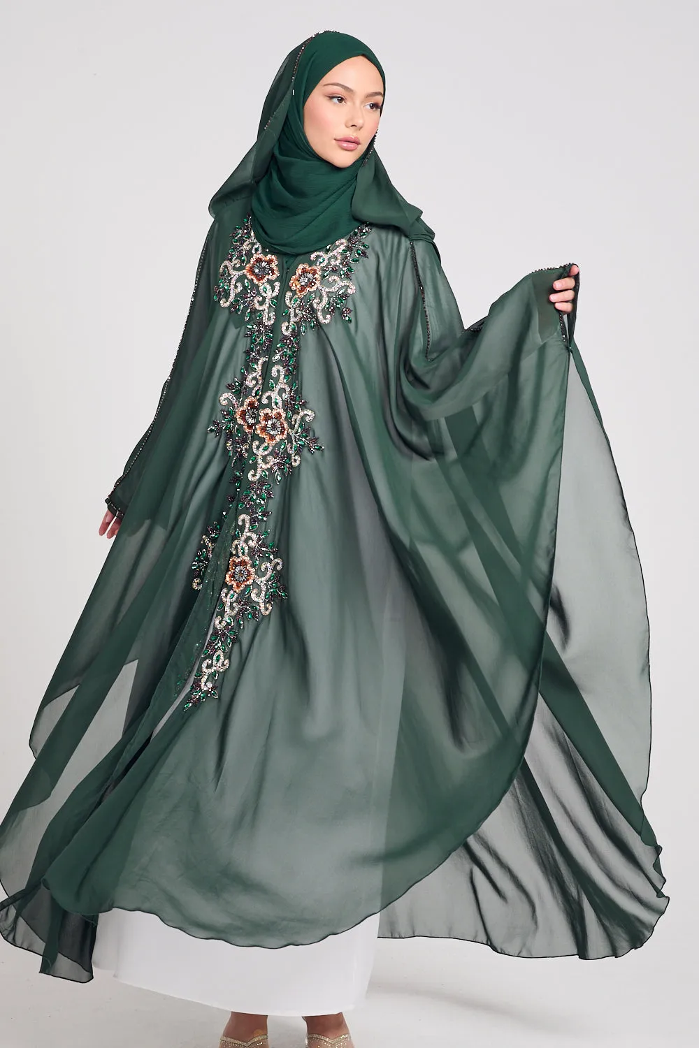 Premium Embellished Chiffon Open Farasha with Hood - Forest Green