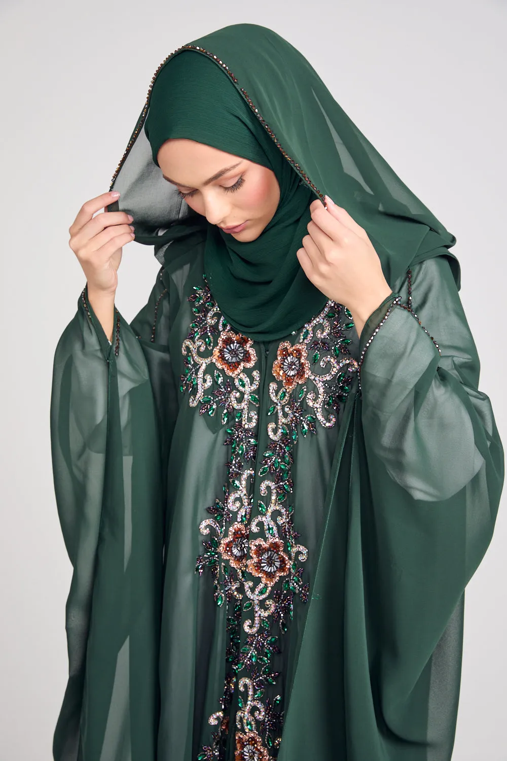 Premium Embellished Chiffon Open Farasha with Hood - Forest Green