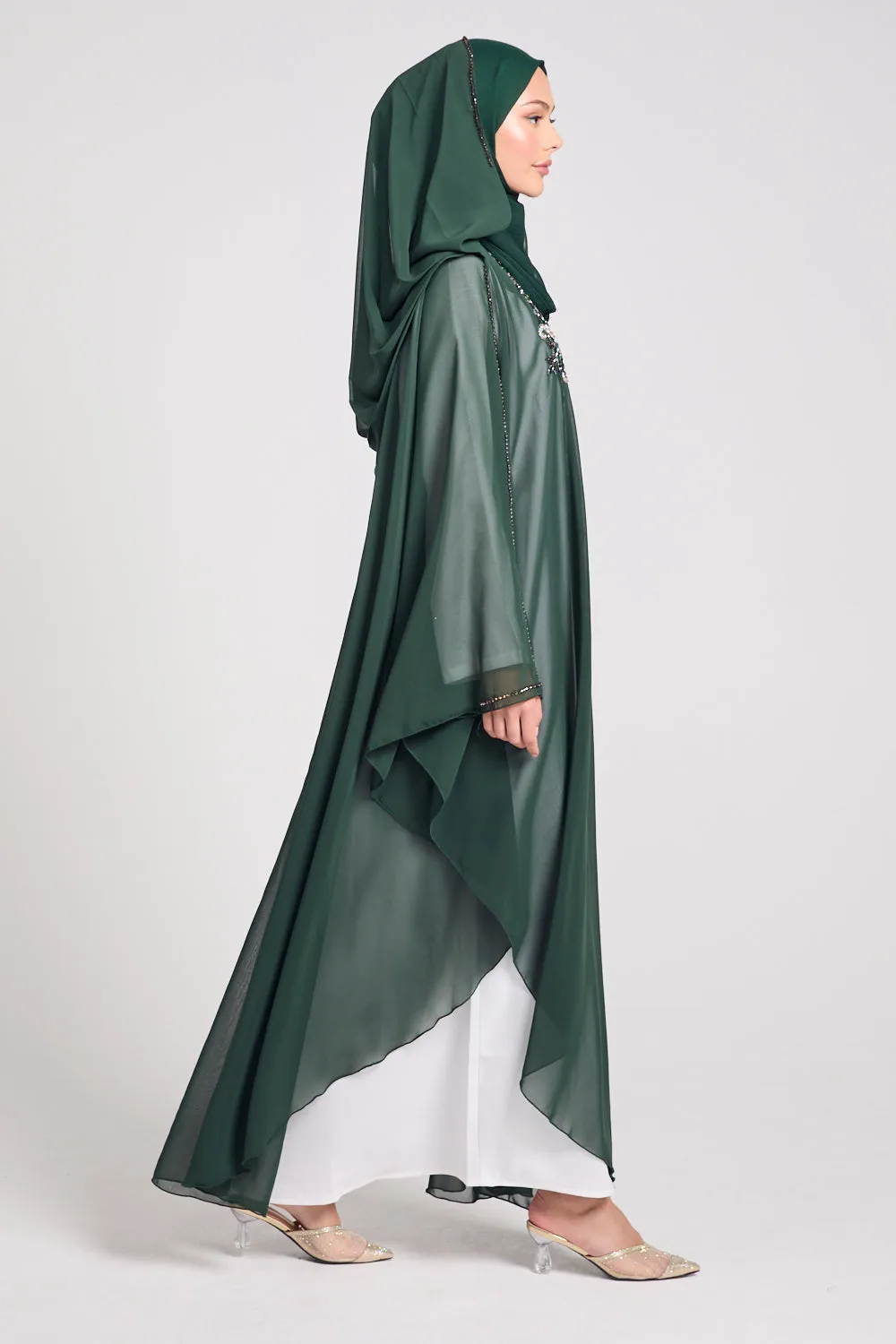 Premium Embellished Chiffon Open Farasha with Hood - Forest Green