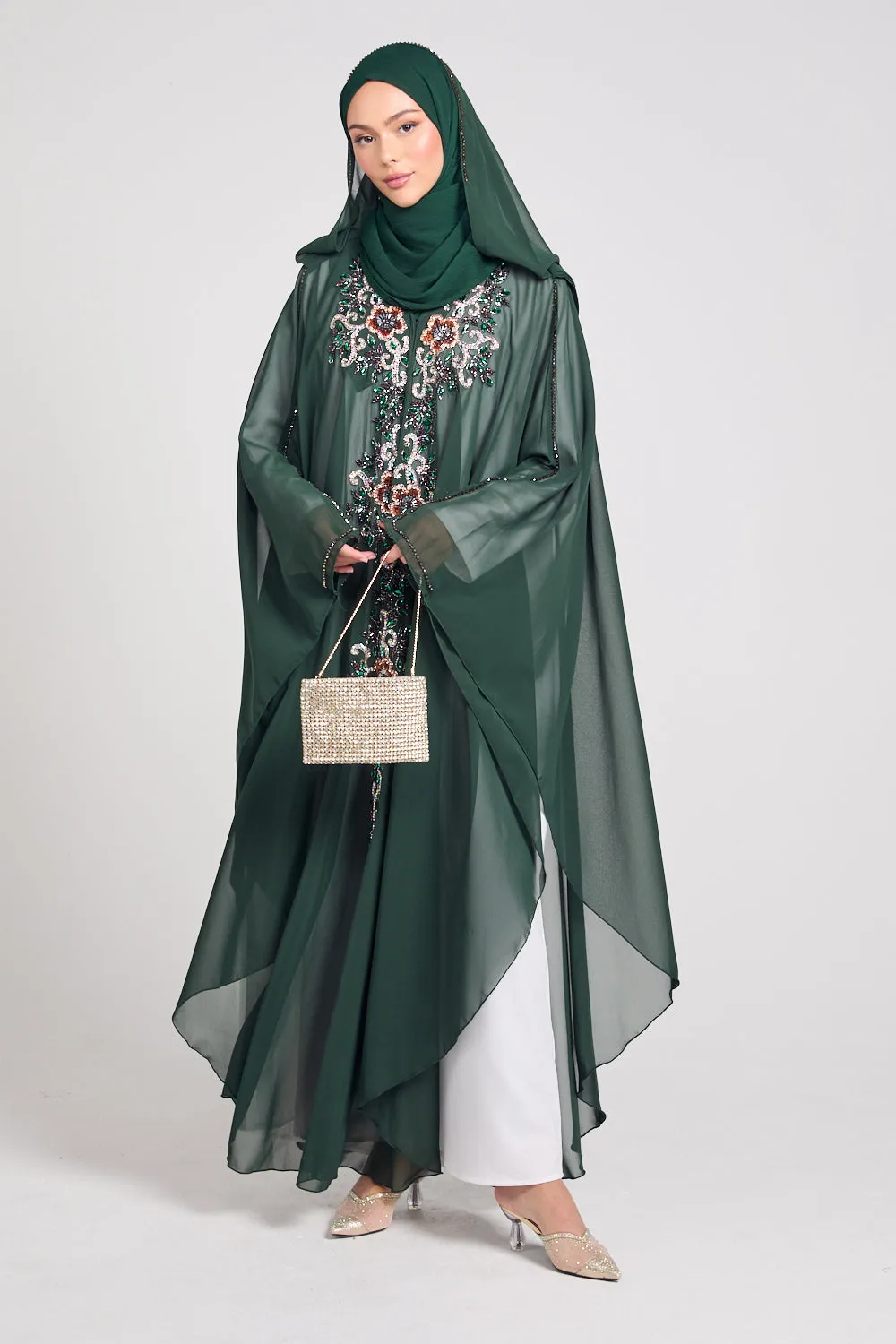 Premium Embellished Chiffon Open Farasha with Hood - Forest Green