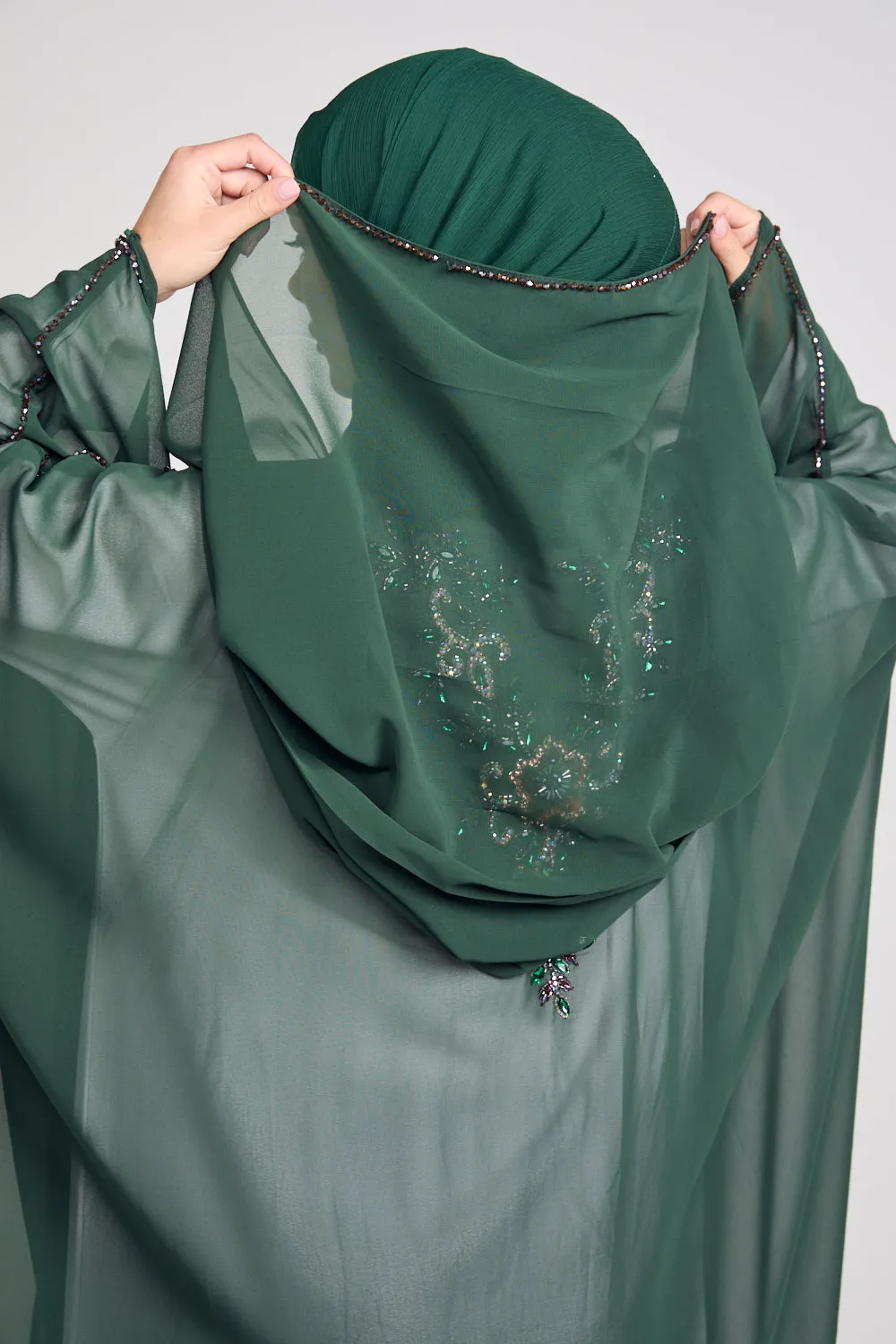 Premium Embellished Chiffon Open Farasha with Hood - Forest Green