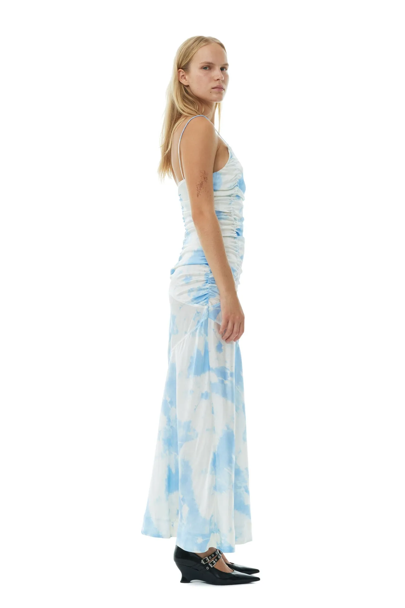 Printed Satin Ruched Long Slip Dress - Powder Blue