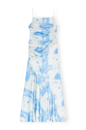 Printed Satin Ruched Long Slip Dress - Powder Blue