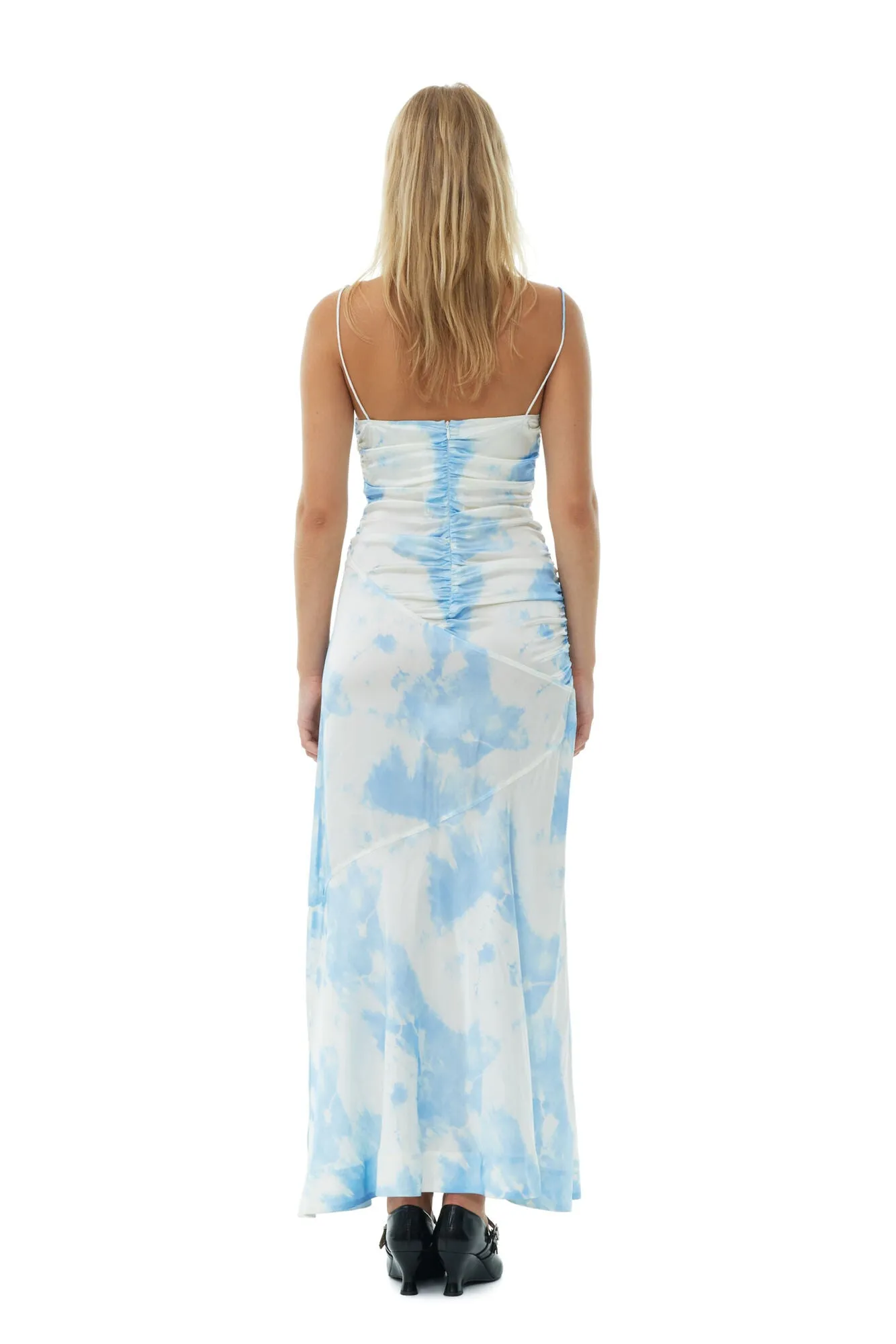 Printed Satin Ruched Long Slip Dress - Powder Blue