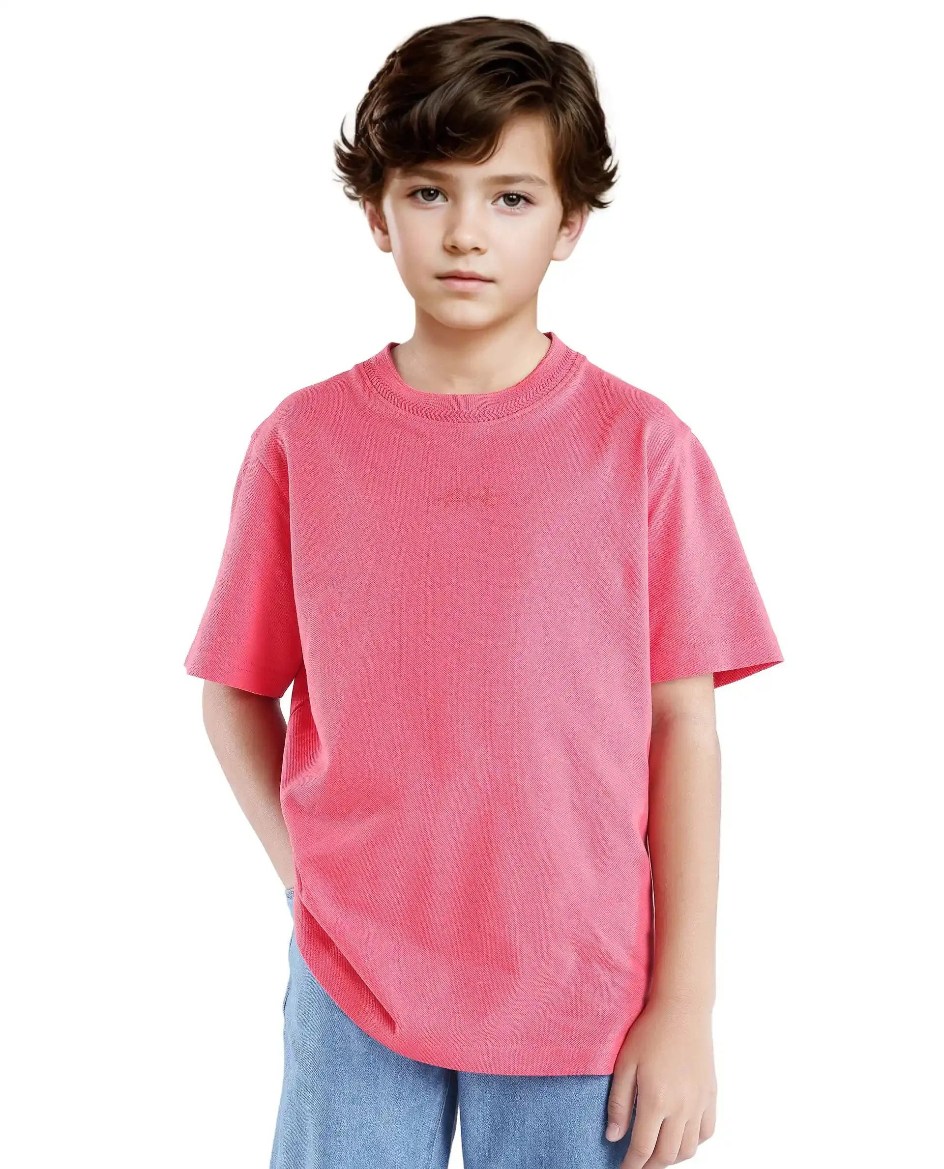 Rare Ones Kids Heron Fluorescent Pink Cotton Fabric Half Sleeves Crew Neck Embroidered T-Shirt